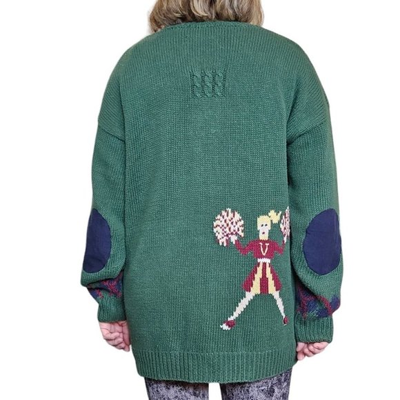 90s Teddy Bear Cardigan Sweater Sports M/L Handknit Football Soccer Cheerleader - Picture 4 of 11